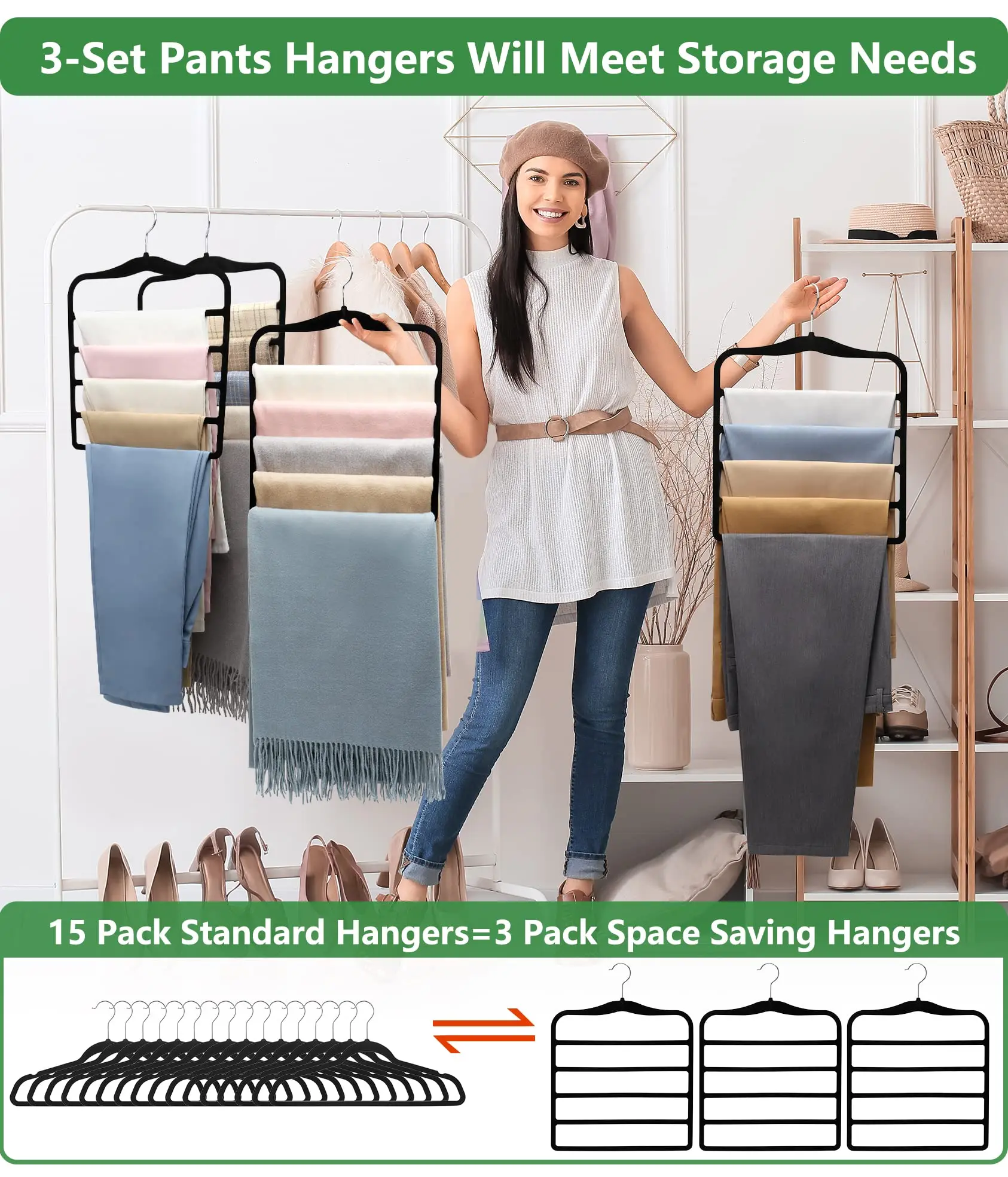 Closet Organizers and Storage 3 Pack Organization Storage Pants-Hangers Space-Saving Velvet Hanger for Home