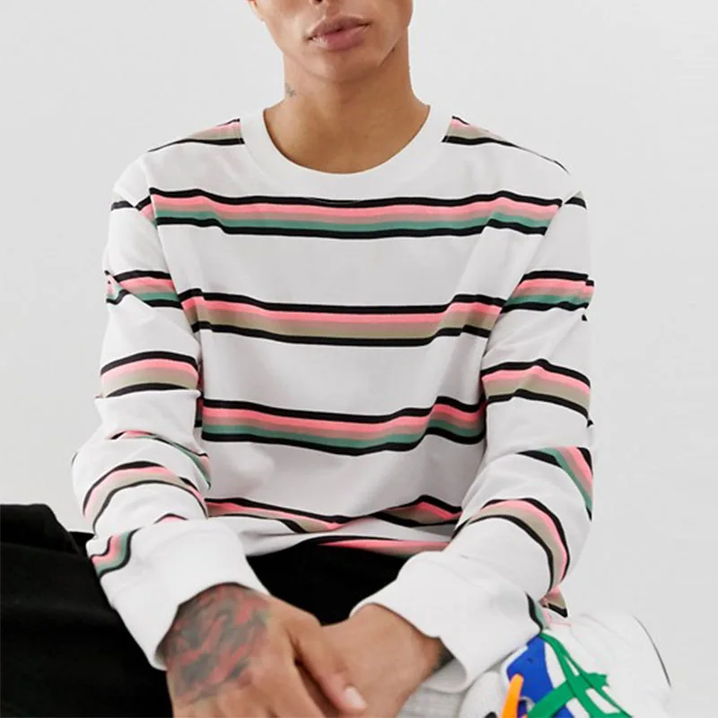 
Wholesale Strips 100% cotton knitted mens casual wear long sleeves tshirt plus size hip hop t-shirt men 