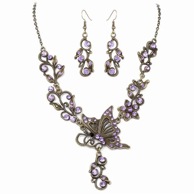 
Retro Jewelry Set Butterfly Crystal Rhinestone Bridal Necklace Earrings Set For Women 