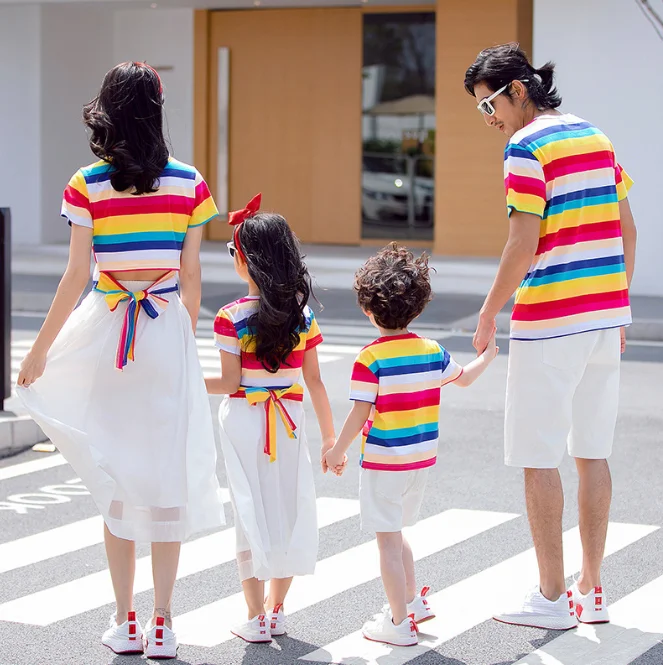 Family School parent-child T shirt and shorts  2 piece Suits Rainbow striped cotton parent-child outfit