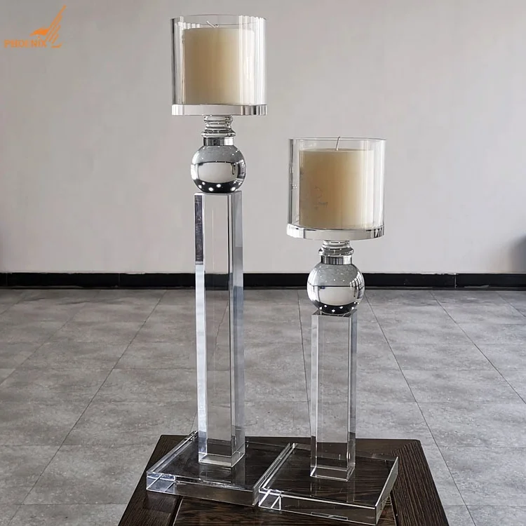 Wholesale home decorations glass candlestick single head K9 crystal tealight table pillar candle holder set of 2