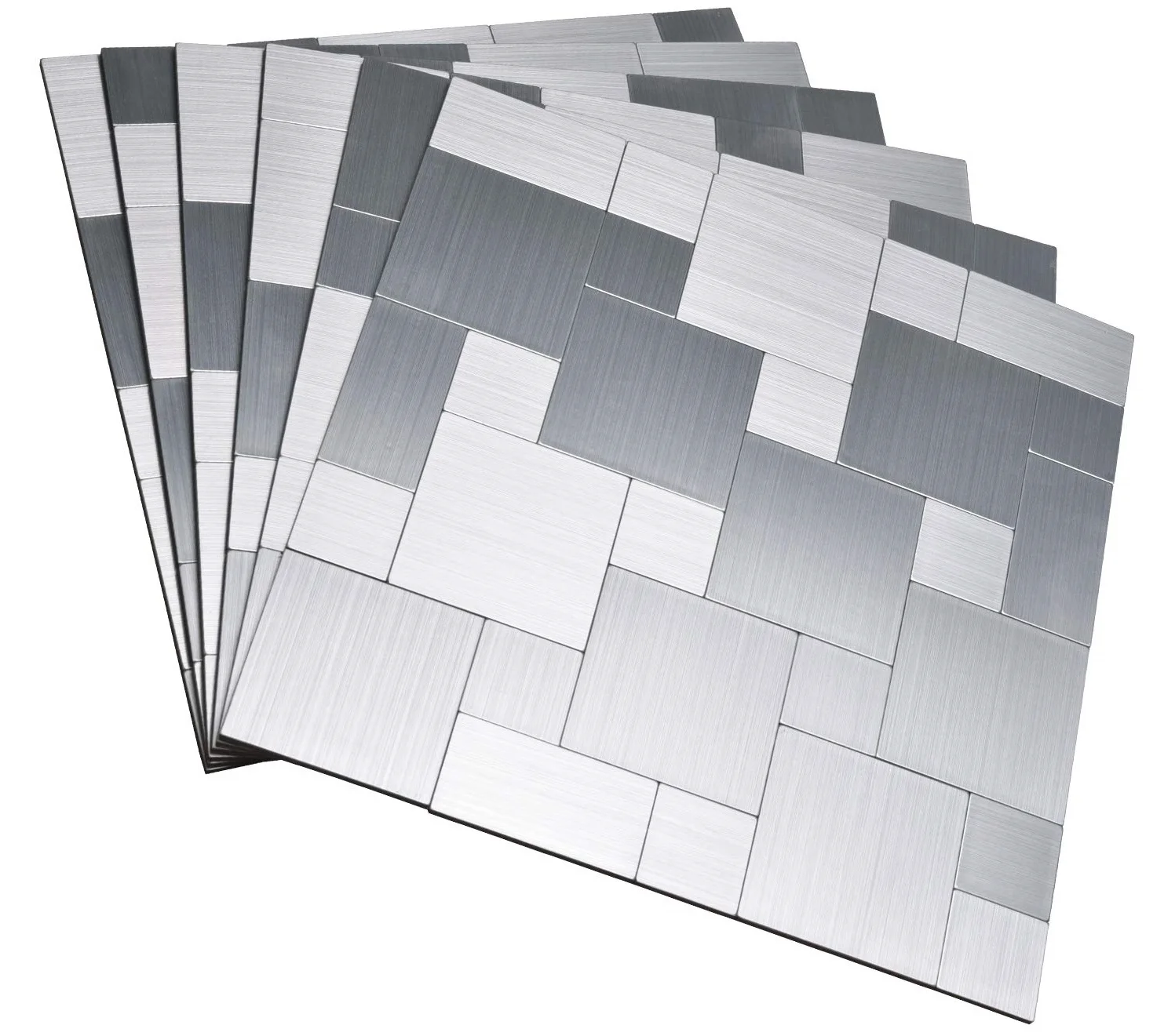 Peel and Stick On Metal Aluminium Backsplashes, Puzzle Brush Silver Square - 10 Piece Per Box