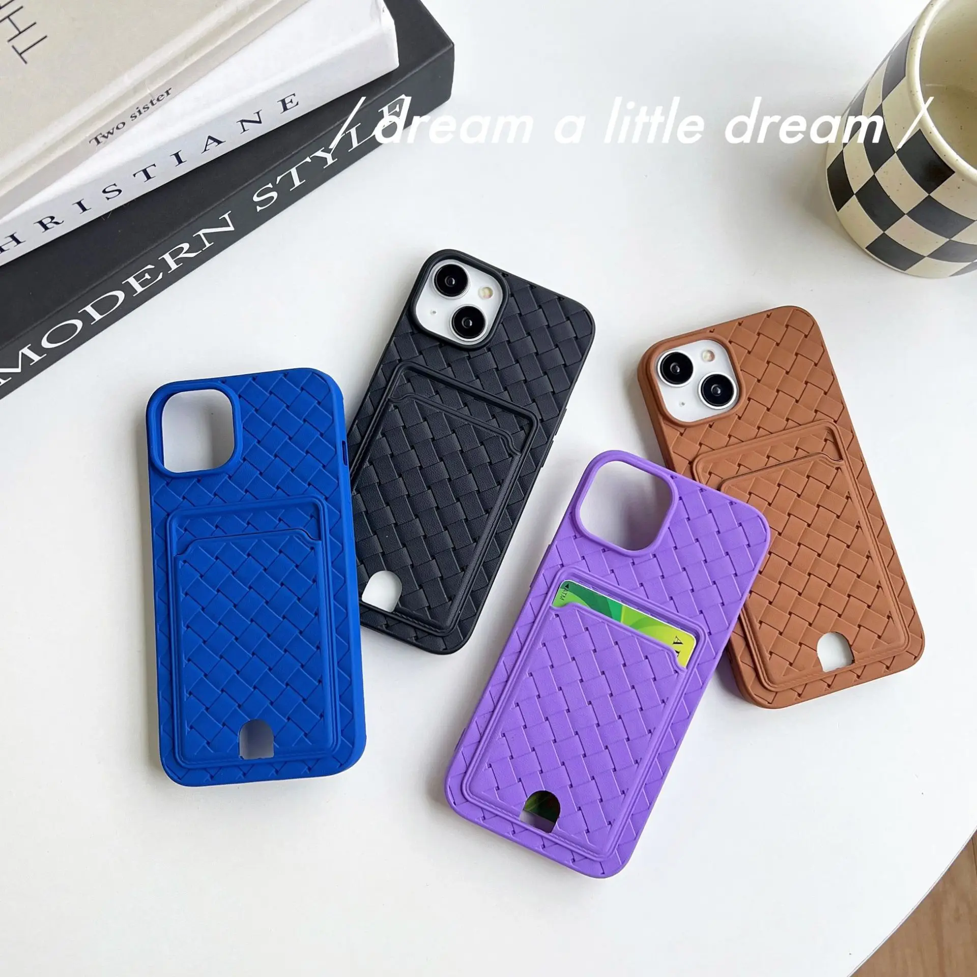 Checkered Woven Phone Case for iPhone 7 8 X XS XR Max 11 12 13 14 15 Pro Max Luxury Weave Phone Case Back Cover Card Holder