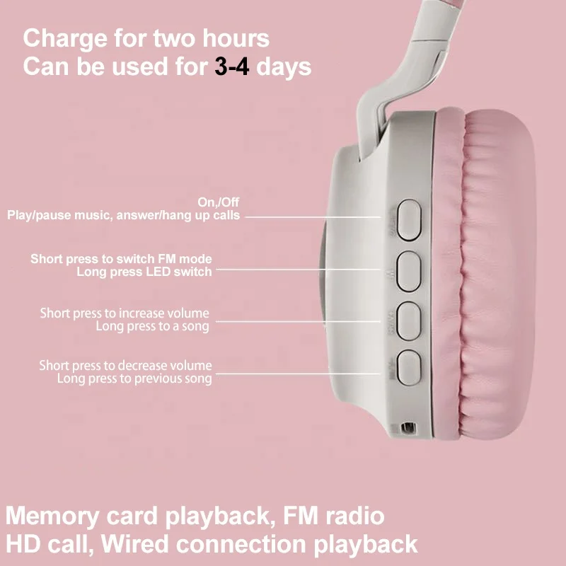 High Quality Girls Led Foldable Cat Ear Headphones BT028 P47 Light Up Cute Cat Ear Gaming Headset Over Ear Headphones