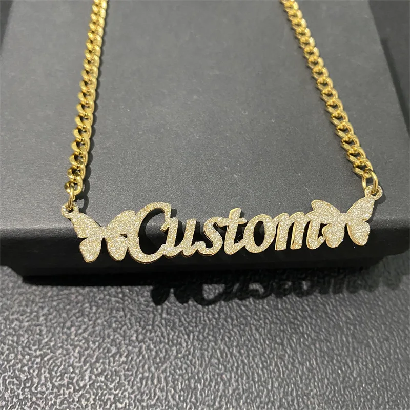 Customizable Stainless Steel 18K Gold Plated Letter Name Necklace - Personalized European and American  Cuba Sticker Name Nec