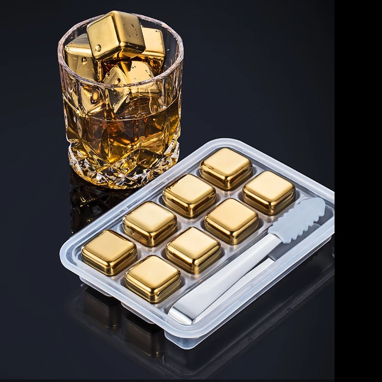 Gold color square reusable ice cubes whiskey gift set stainless steel whiskey stone for drinks