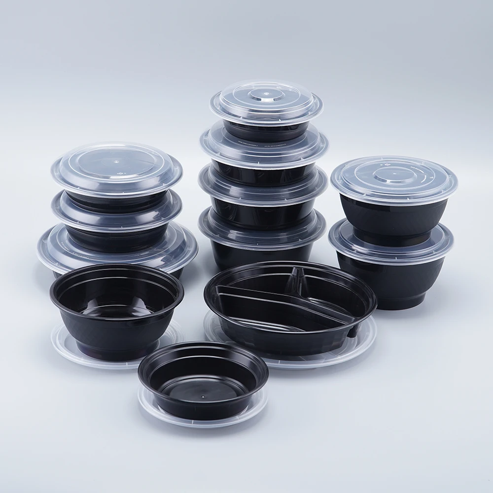 Wholesale 16OZ 24O Z32OZ 40OZ Round Plastic Takeout Black Food To Go Boxes Black Plastic Box With Lid