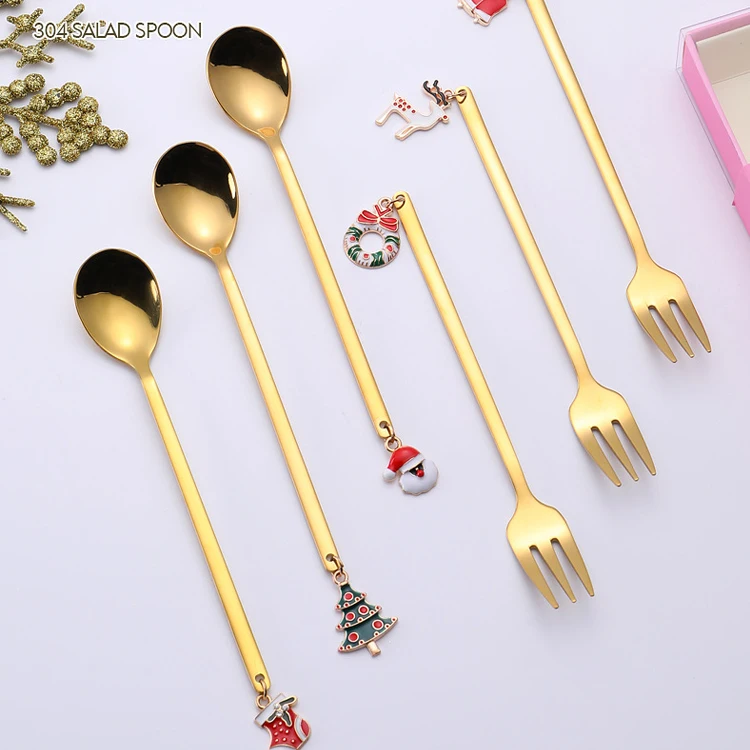 Metal Golden Plated Christmas Spoon Set Mirror Polished Stainless Steel Coffee Tea Dessert Spoons and Forks Gift Set Flatware