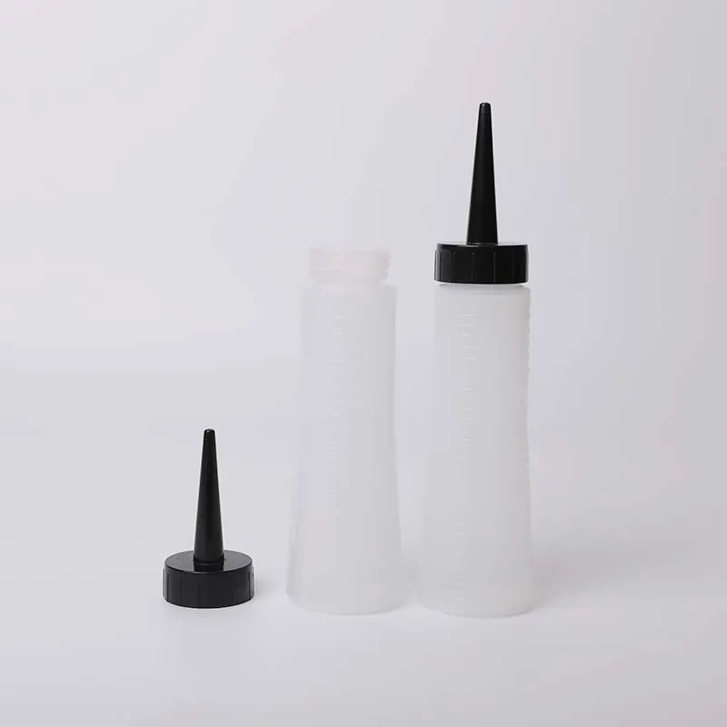 250ml customized plastic squeezed bottle containers with black long pointed mouth for Ketchup BBQ glue