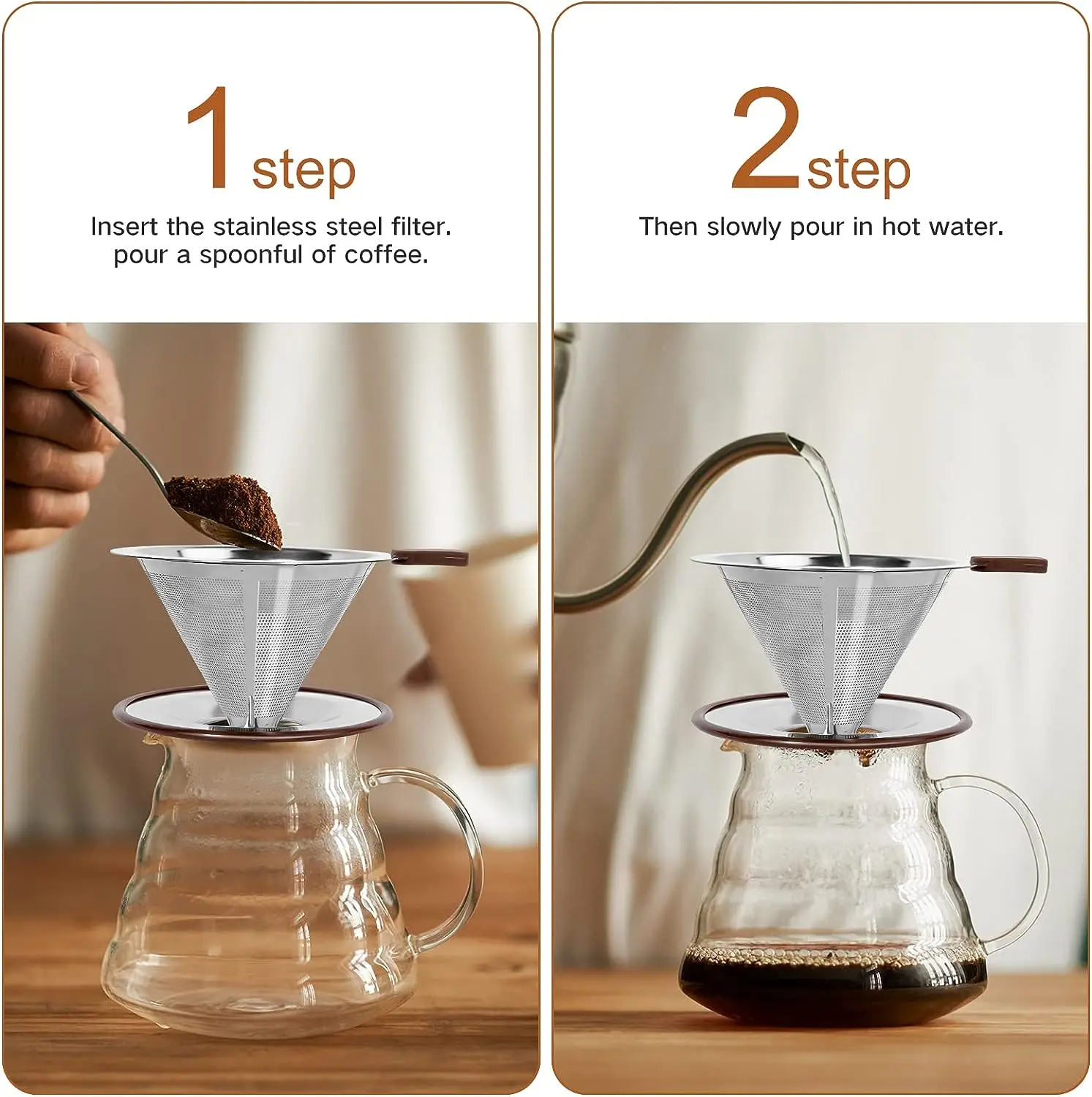Pour Over Coffee Dripper Reusable Double Mesh Paperless Manual Coffee Maker Stainless Steel Coffee Filter
