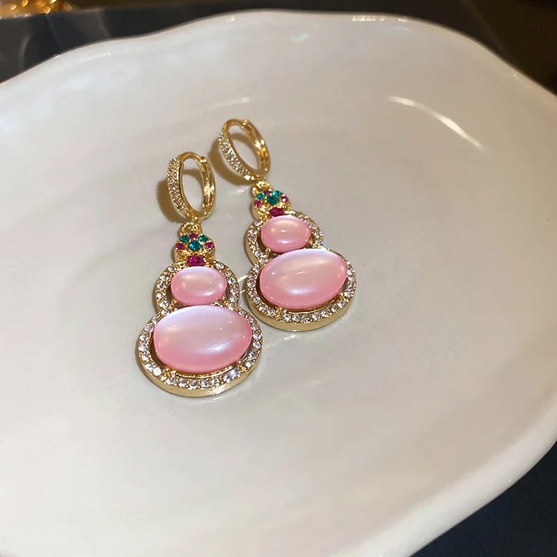 Chinese Style 18k Gold Plated Small Gourd Earrings Women Jewelry Shiny Crystal Pink Gourd Earrings