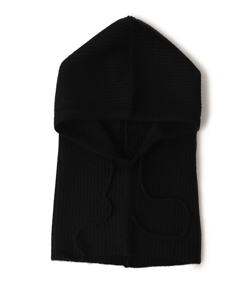 Custom Women Beanies Pure cashmere balaclava Winter hats cute drawstring rib knitting cashmere beanies balaclava