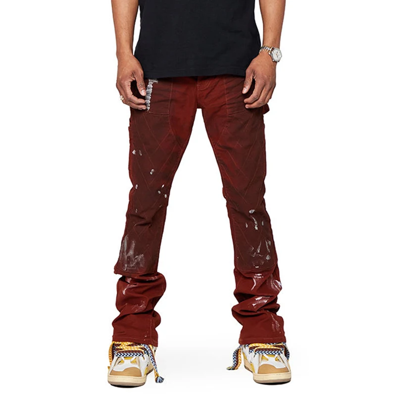 wholesale patch jeans paint splatter mens skinny jeans brown stacked jeans men flare