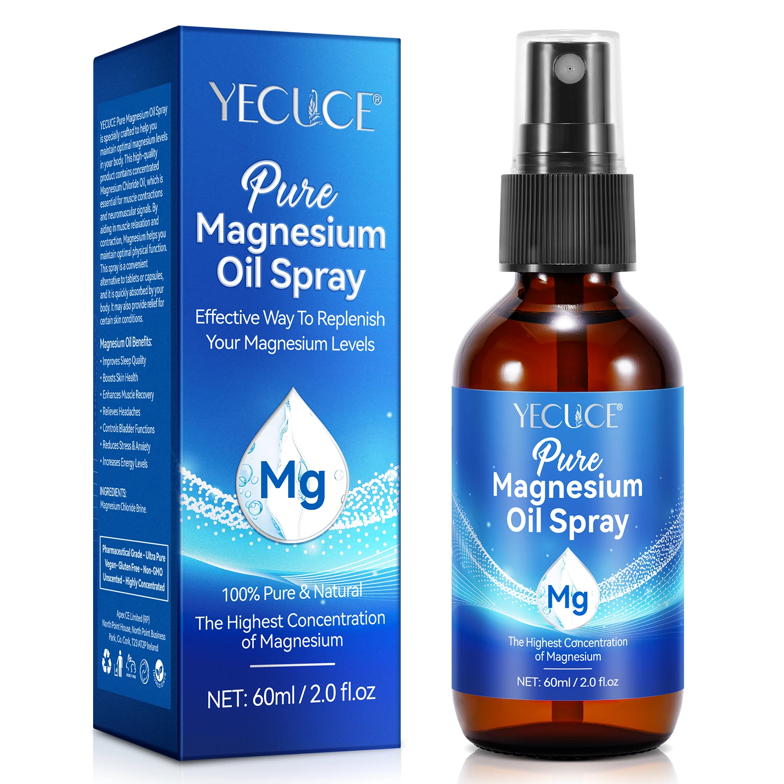 YECUCE private label 60ml deodorant reduces stress pure magnesium cramp oil spray,magnesium mist daily body oil spray all skin