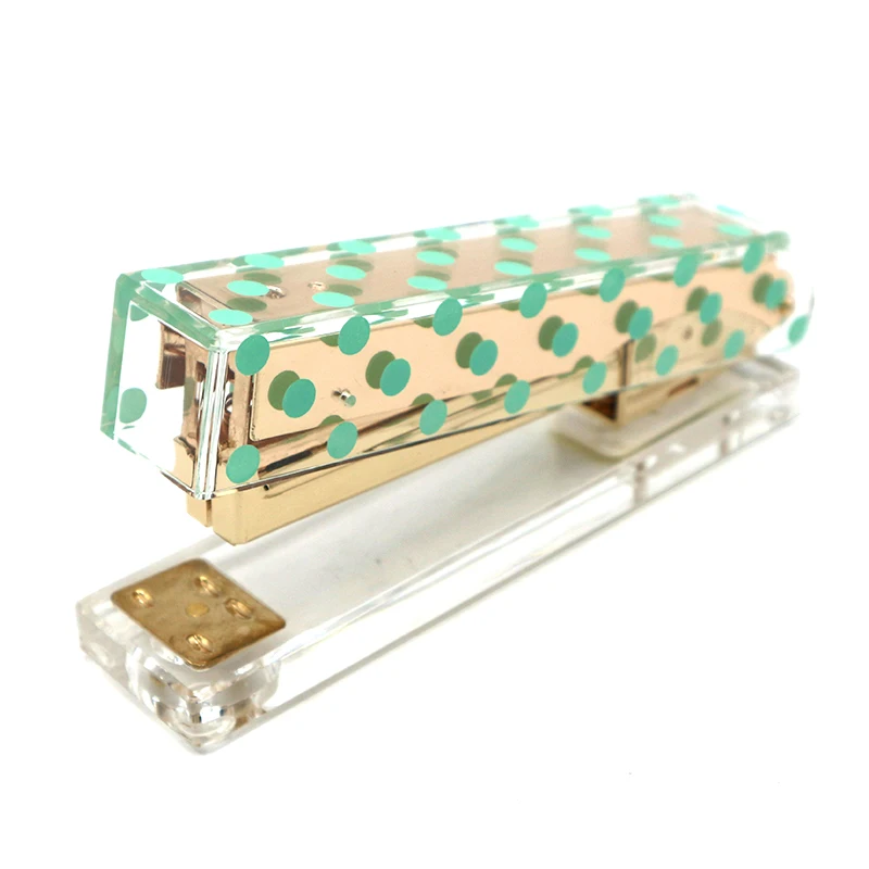 Fancy Printing Green Dot Decorative Staplers Office Desktop Transparent Luxury Acrylic Cover Gold Binding Machine Paper Staplers