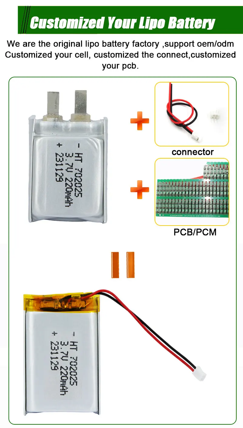 Customized High Discharge Rate 702025 20C Lipo Battery 220mah 3.7V Rechargeable Lithium Polymer Battery for Cigarette Lighter
