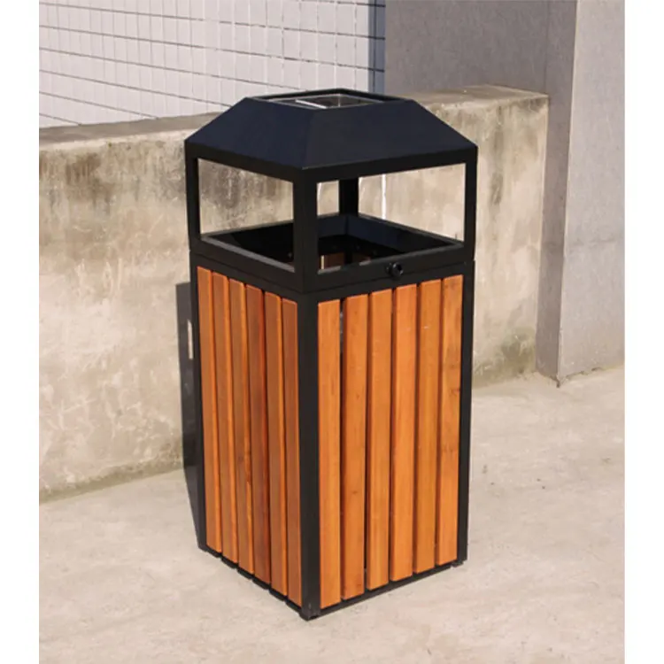 Factory Wholesale wood outdoor ashtray trash bin garden decorative big waste container patio wooden standing dustbin