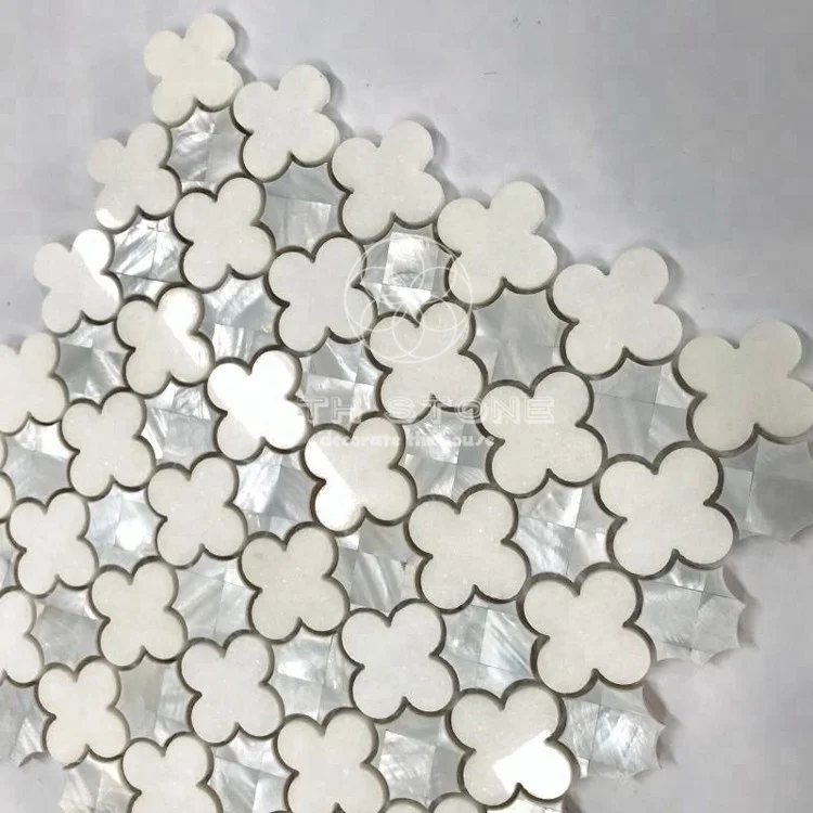 DTH stone Pure white marble mix shell water jet  wall mosaic for kitchen backsplash tile