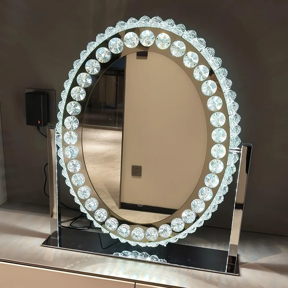 Factory Wholesale Diamond Luxury Hollywood Style Crystal Crushed LED Light illuminated Round Makeup Vanity Mirror