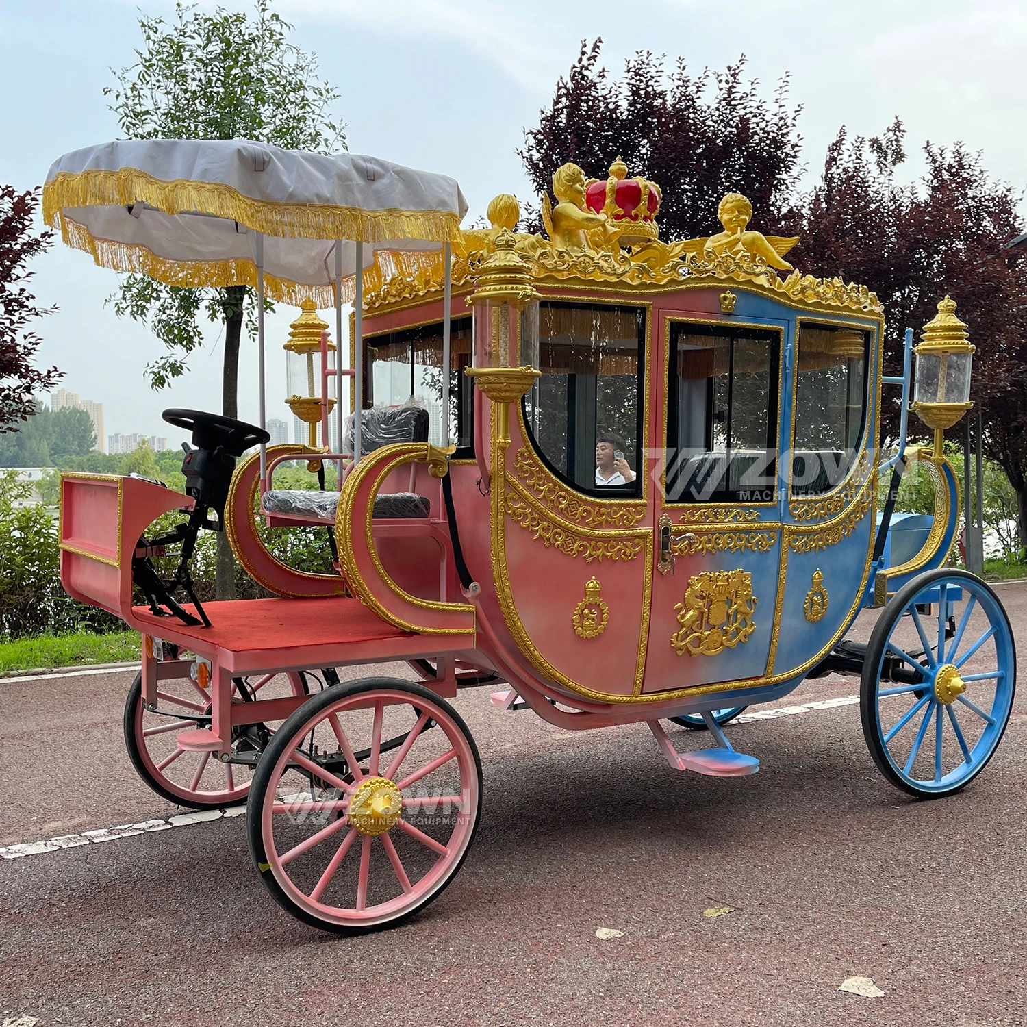 Colorful high-end vintage royal electric carriage luxury wedding carriage with awning
