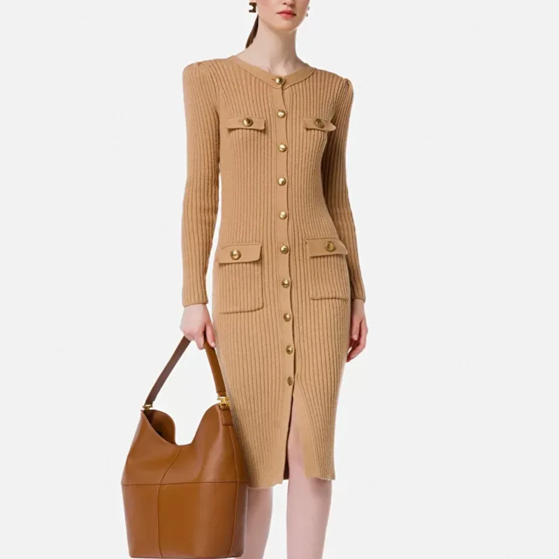 New Dropshipping Brown Winter Midi Dress knit Long Sleeves Bodycon Women Dress