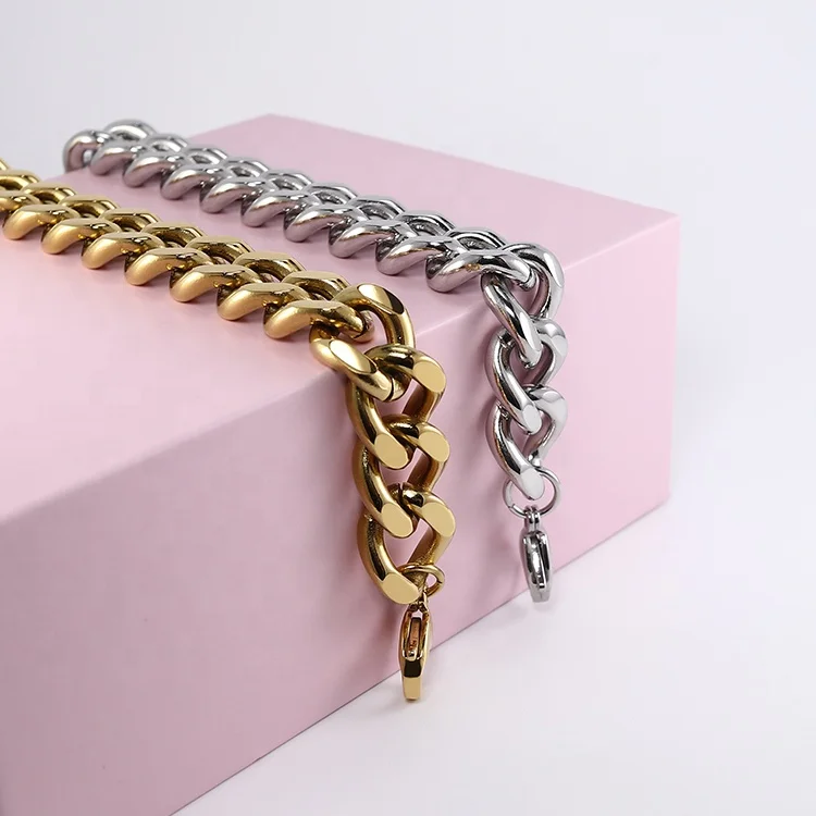 11mm Punk 18K PVD Gold Plated Stainless Steel Cuban Link Chain Bracelet for Women Men