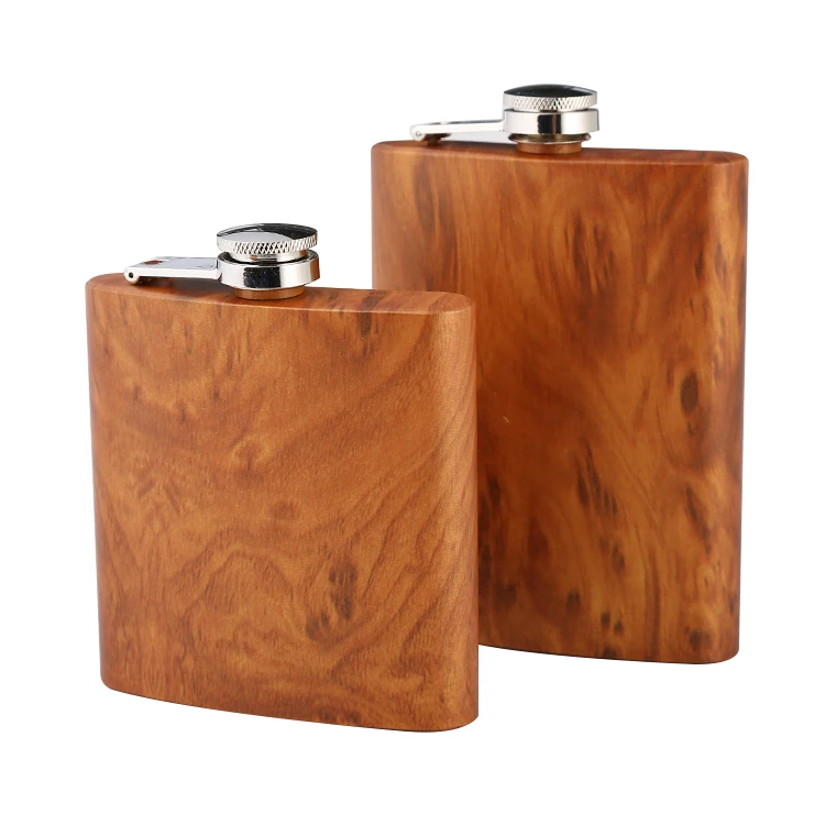 Wholesale stainless steel wine flask wood wrapped hip flask