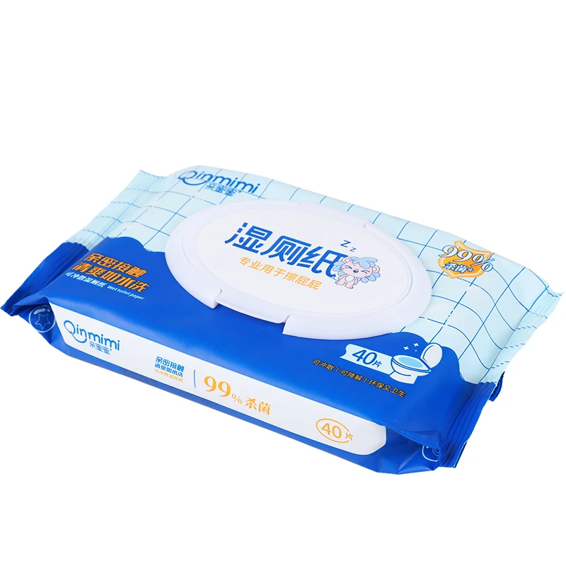 Qinmimi 40pcs biodegradable flushable toilet factory wholesale private cleaning household essential portable wet toilet paper