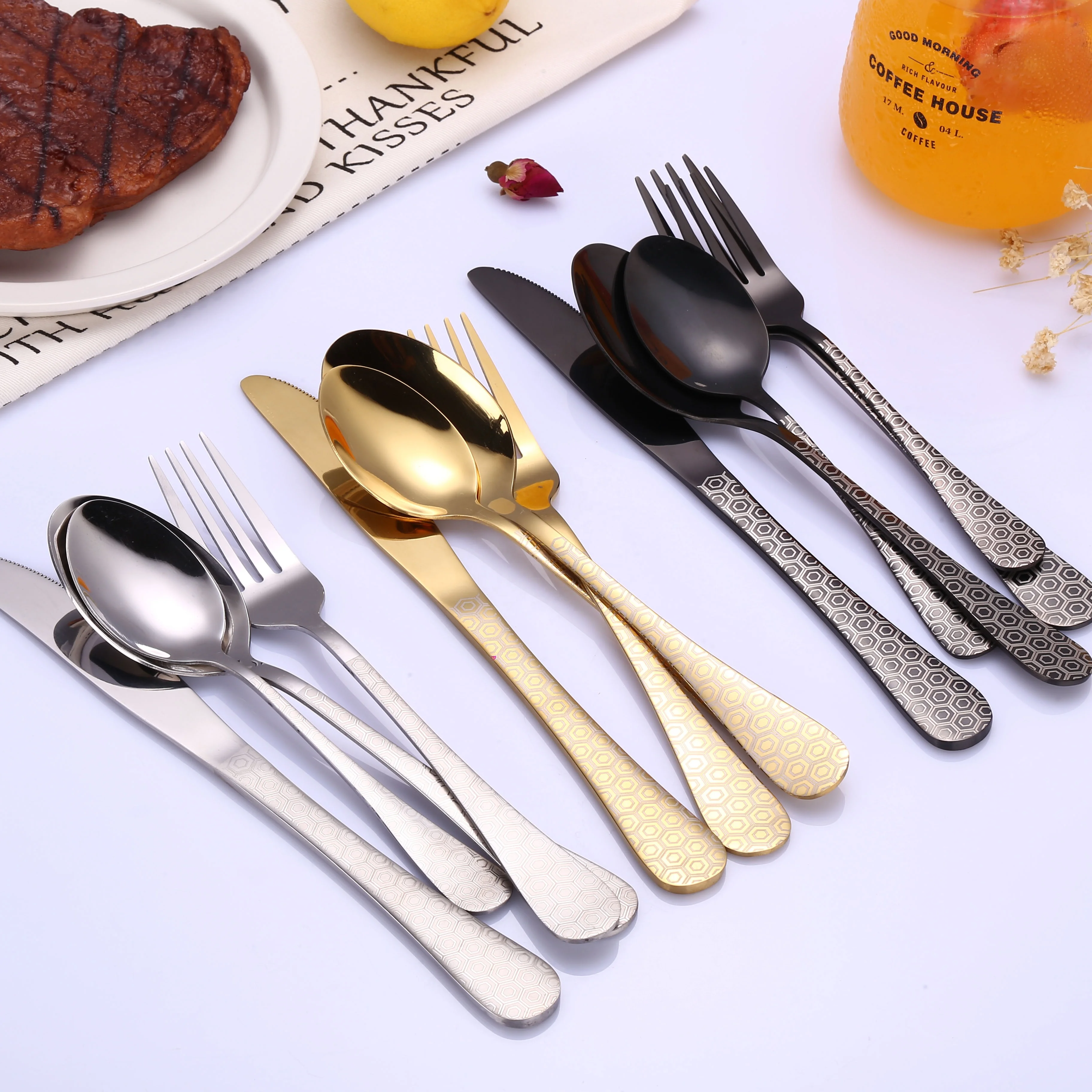 
Black Flatware Cutlery Set Stainless Steel Silverware Tableware Set Black Sterling Electroplated Metal Mirror Polished 