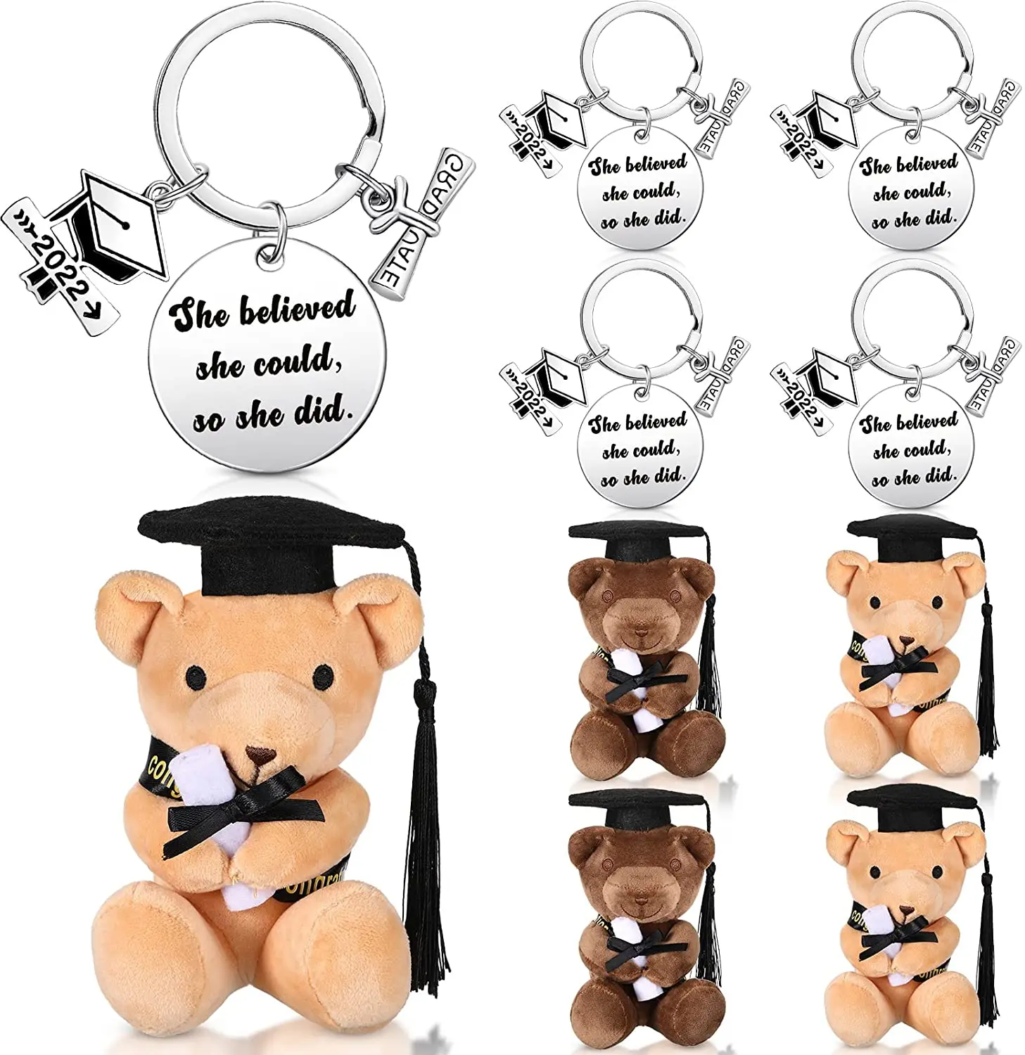 Custom Graduation Gifts Class of 2024 Stuffed Animal Bear and Inspirational Keychain Set Graduation Plush Bear