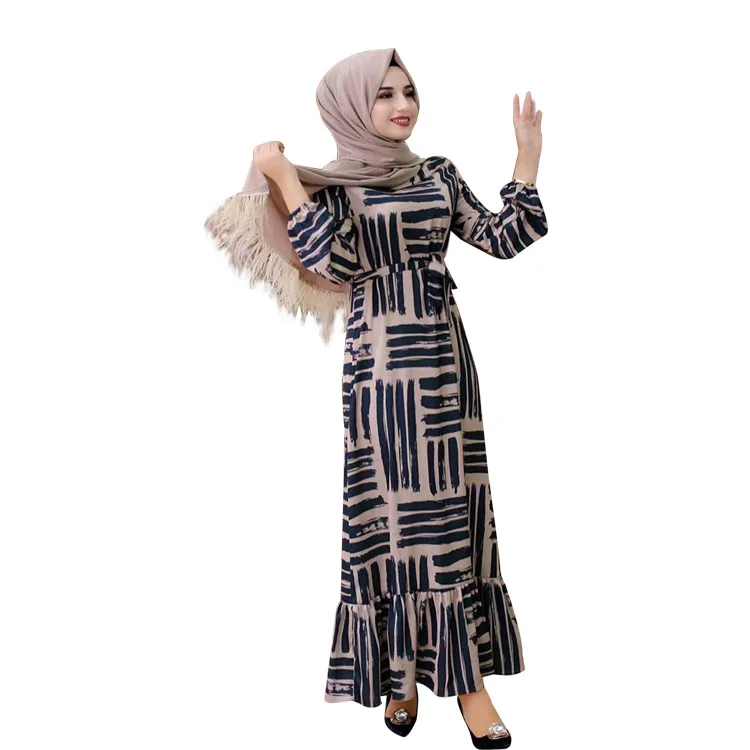 Wholesale Dubai Fashion Long Waist Muslim Women Printing Abaya Dress Islamic Ladies Elegant Plain Long EID Skirt