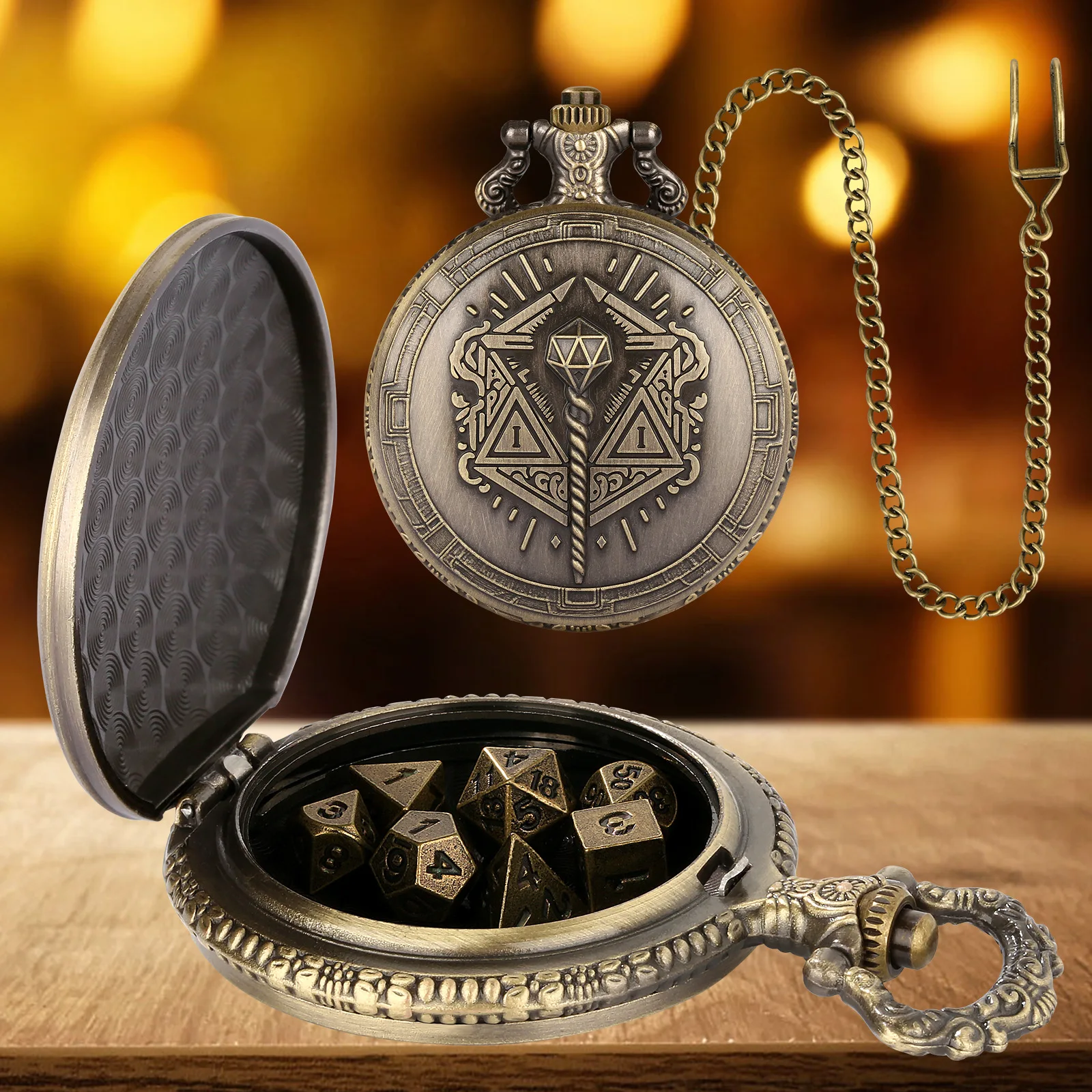 Magician Magic Staff Mysterious Theme Pocket Watch Dice Vintage Portable Cool Metal Dice Box