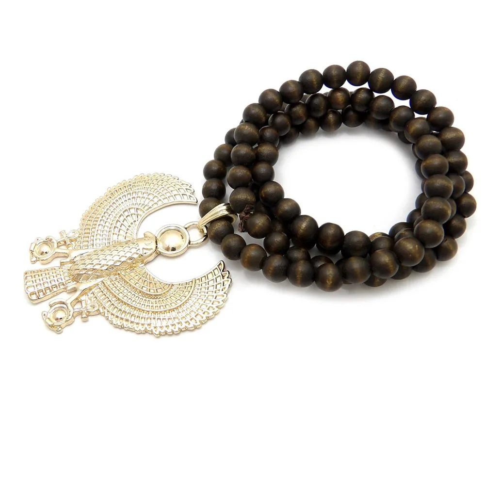 Custom Hip Hop Egyptian Bird God Pendant 8mm 30inch Wooden Beads Funky Chain Necklace