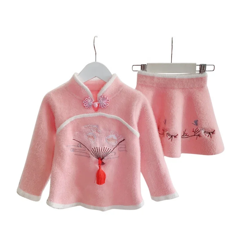 Baby Girls Vintage Kids Fashionable Clothing Crystal Velvet Chinese National Style Cheongsam Embroidered Blouse And Skirt Suit