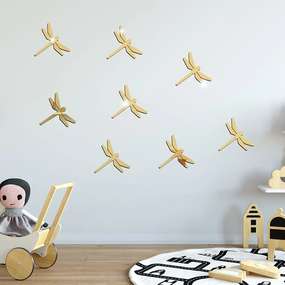 Acrylic Dragonfly geometric solid Mirror Wall Sticker 3D waterproof DIY self-adhesiveMirror Wall Sticker  Bedroom Living Room