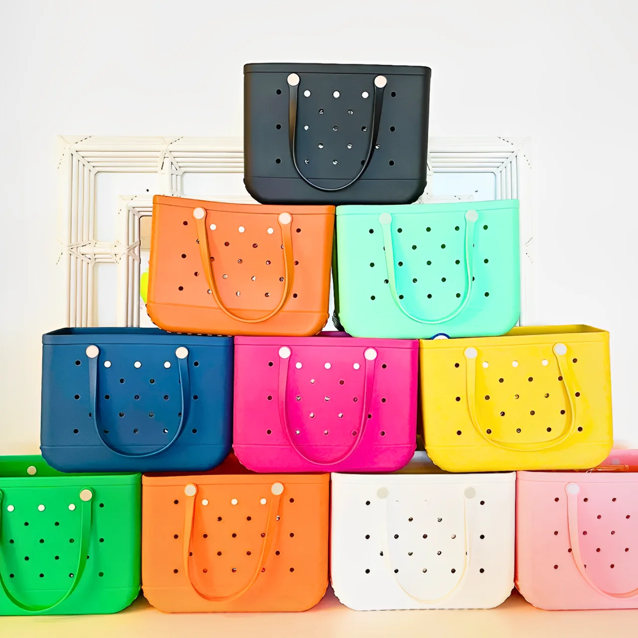 Unisex Outdoor Simply Tote Silicone Rubber Beach Bag with Two Handles Customizable Open Closure Camping Beach Wholesale Bogg Bag