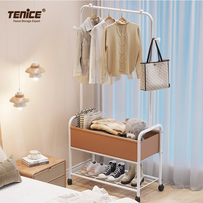 Tenice 2 tier Free Standing Metal Clothing Hanging Shelf Garment Rack With 1 Storage Basket 4 wheels for home organization