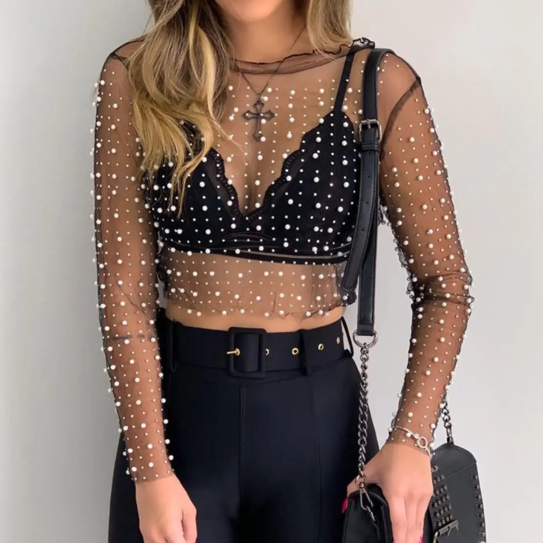 2023 Dropshipping new sexy see-through lace shirt female bright diamond beads mesh long sleeved blouses tops