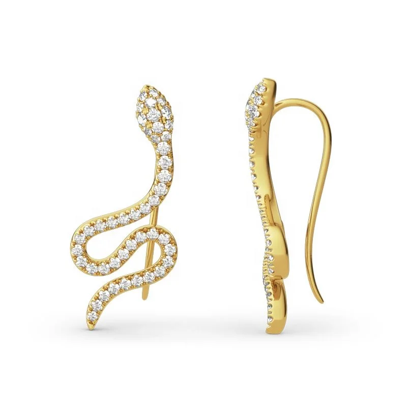 Fashion 925 Sterling Silver Gold Plated Sparkling Zircon Diamond Ear Crawler Snake Cuff Climber Earrings Women