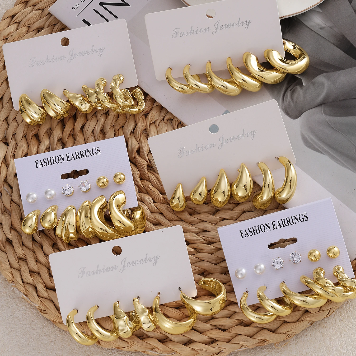 KISSWIFE 6 Pcs/Set 2024 New Trendy Wholesale Gold Plated Geometric Big Hoop Earrings Set For Women Jewelry