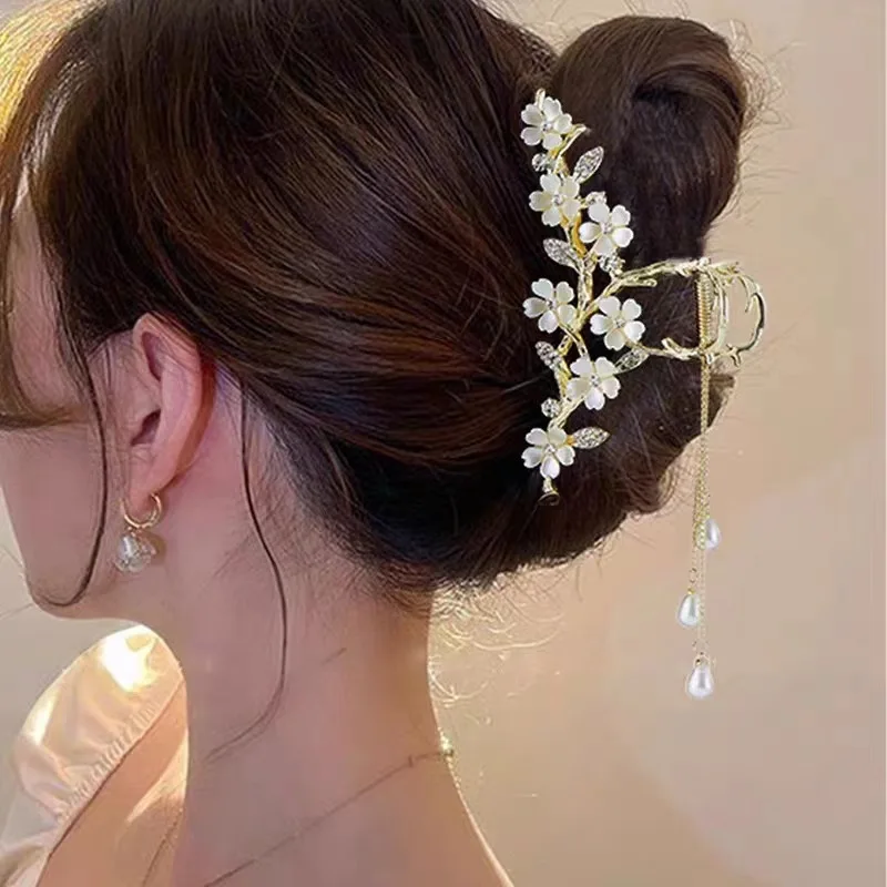 Large Hair Clips Super Fairy Pearl Tassel Rhinestone Flower Claw Zigzag Tassel Hair Claw Chinese Hair Accessories