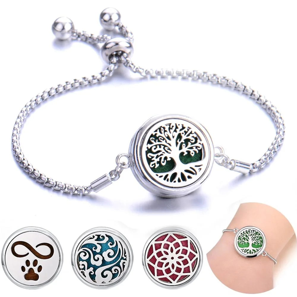 Hot Sale Essential Oil Diffuser Bracelet Stainless Steel Aromatherapy Locket Adjustable Bracelet Set with Random Refill Pads
