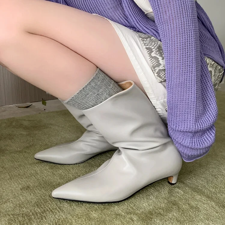 Xinzirain Wholesale Ladies Point Toe Winter Leather Real Leather 4.5cm Low Heel Women Mid Calf Boots