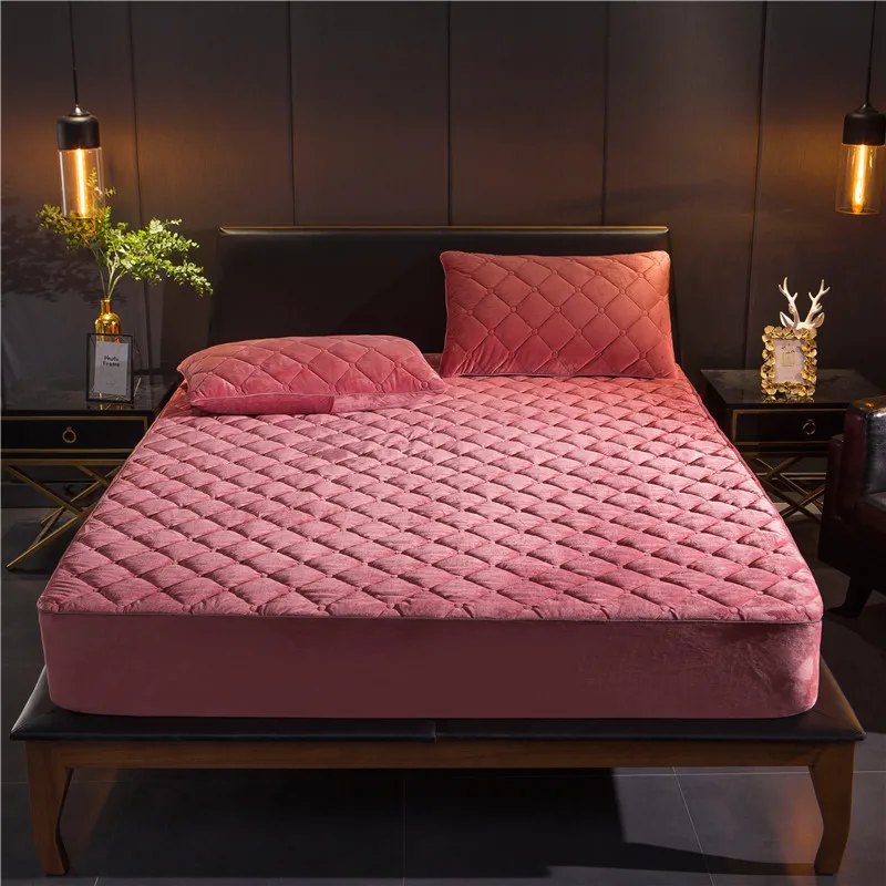 Short Plush Thicken Quilted Mattress Cover Queen Single Customized Bed Soft Warm Quilting Fitted Sheet