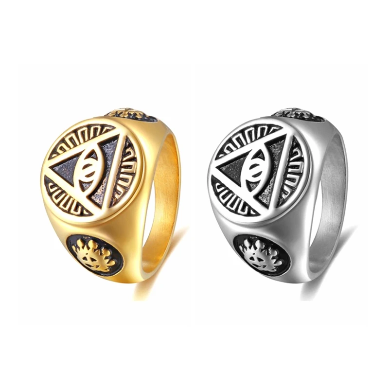 Wholesale Stainless Steel PVD Gold Plated Triangle All Seeing Eye Illuminati Rings for Men Women