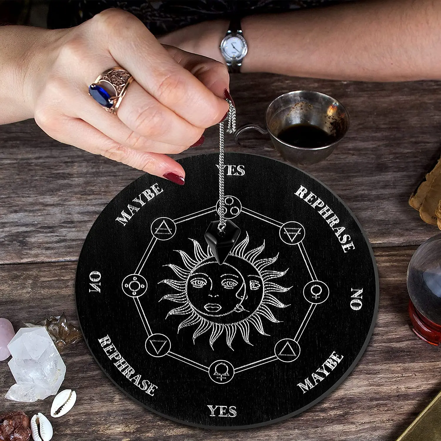 6IN 2PCS Wooden Pendulum Board with Stars Sun and Moon for Divination Message Board Wooden Board Altar Decoration