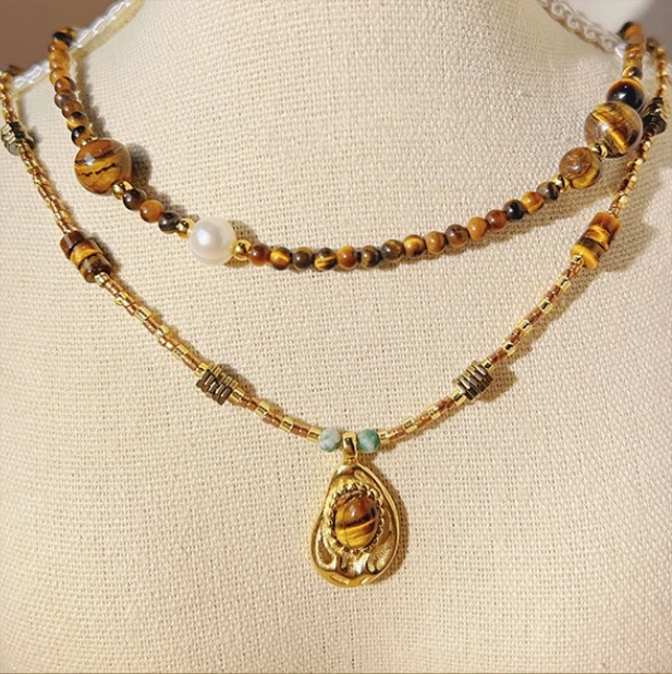 tiger eye stone beads necklace handmade women natural stone pendant necklace stainless steel