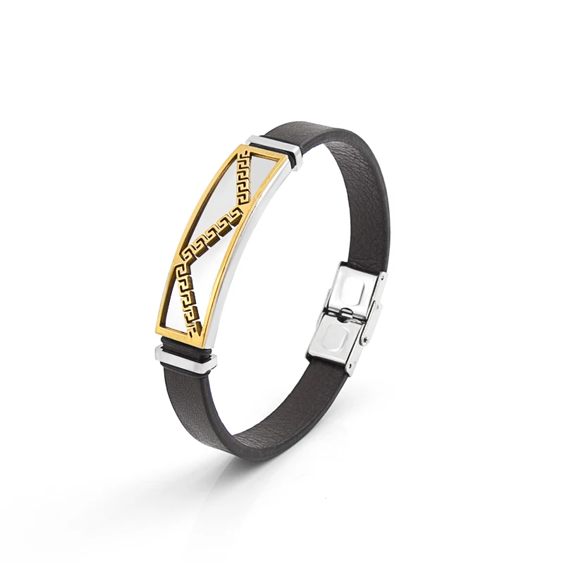 Punk high quality leather bracelet jewelry Custom LOGO stainless steel gold plated bangle for