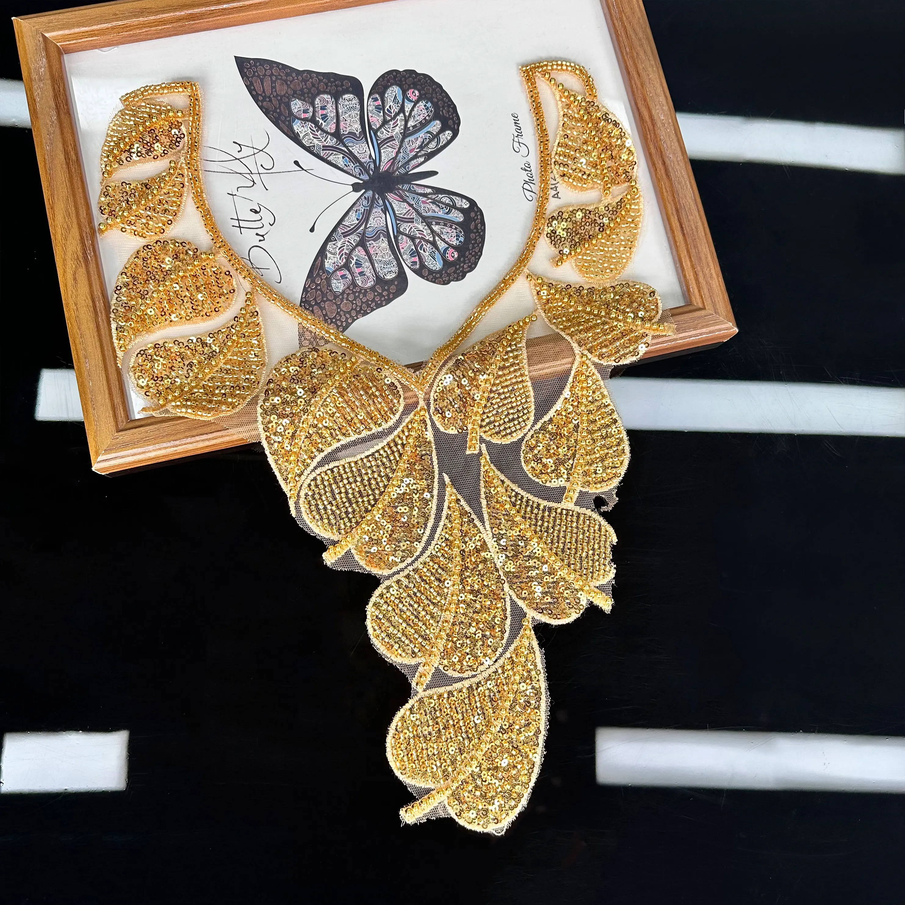 Gold Lace Sequin Decoration Bead Embroidery Collar Bodice Applique for DIY Sewing, Dance Clothes Formal Dresses