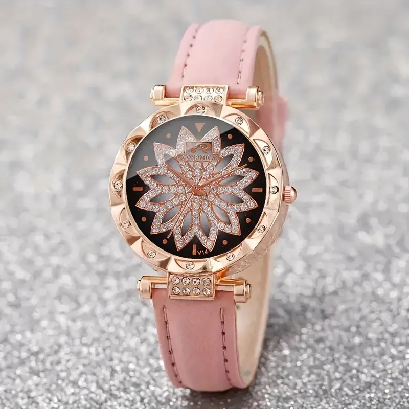 192045  7pcs Quartz Watches For Women Pu Leather Wrist Watch Alloy Pointer Jewelry Set